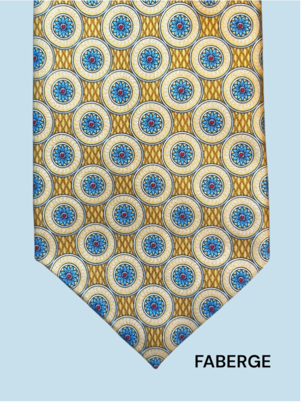Faberge Tie Gold Blue Floral Pattern Silk Necktie HANDMADE